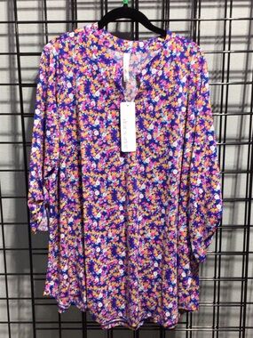 Floral Purple Roll-Sleeve Tunic Top